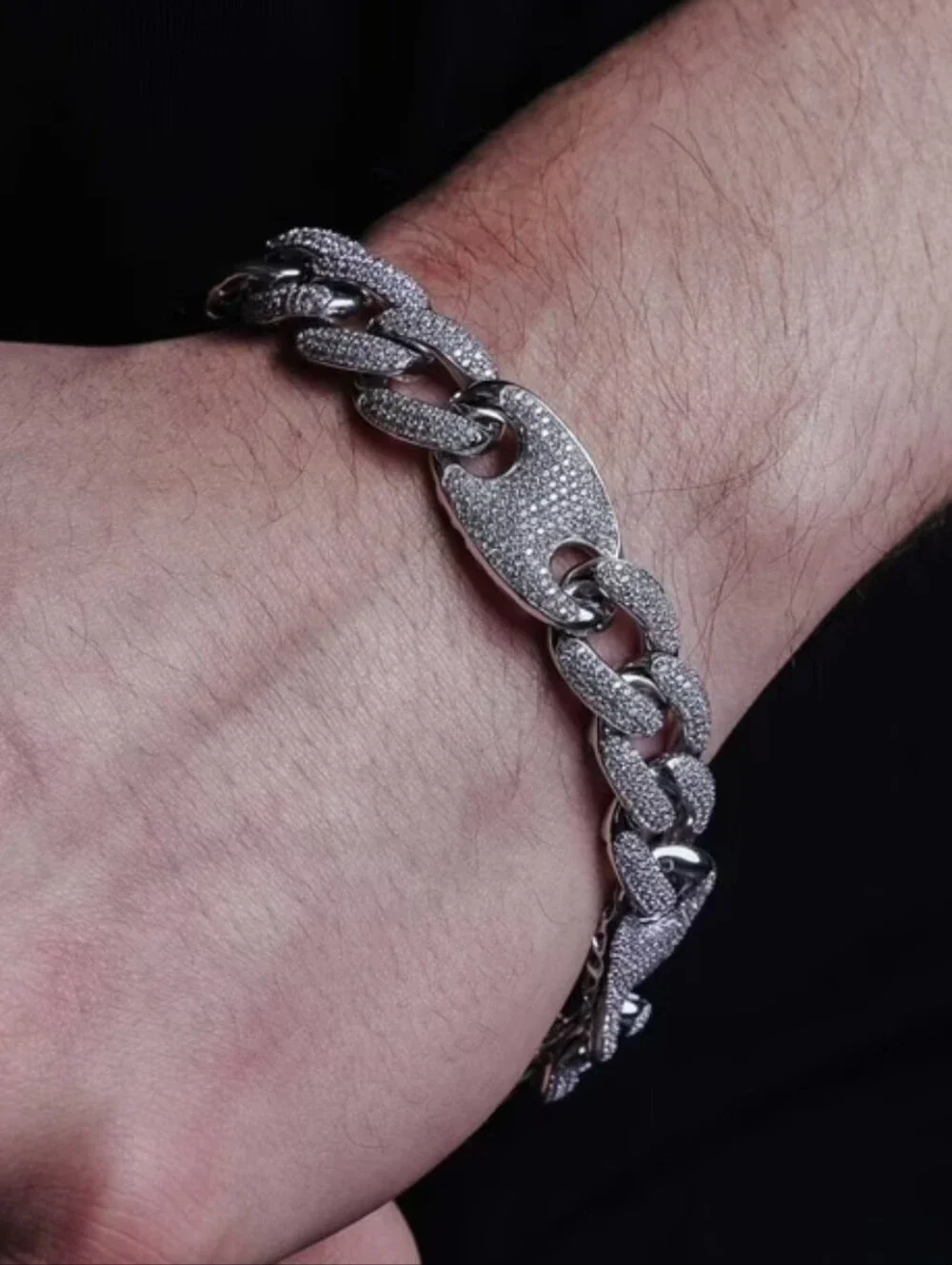 Rhodium Plated 925 Sterling Silver Encrusted Figaro Mariner Bracelet 14.5mm 9